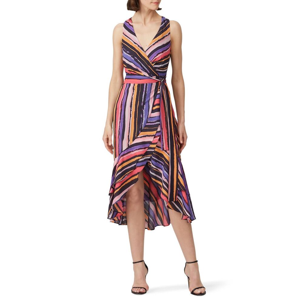 Great Jones Vibrant Orchid Wrap Midi V Neck Stripe Dress Size Medium Summer